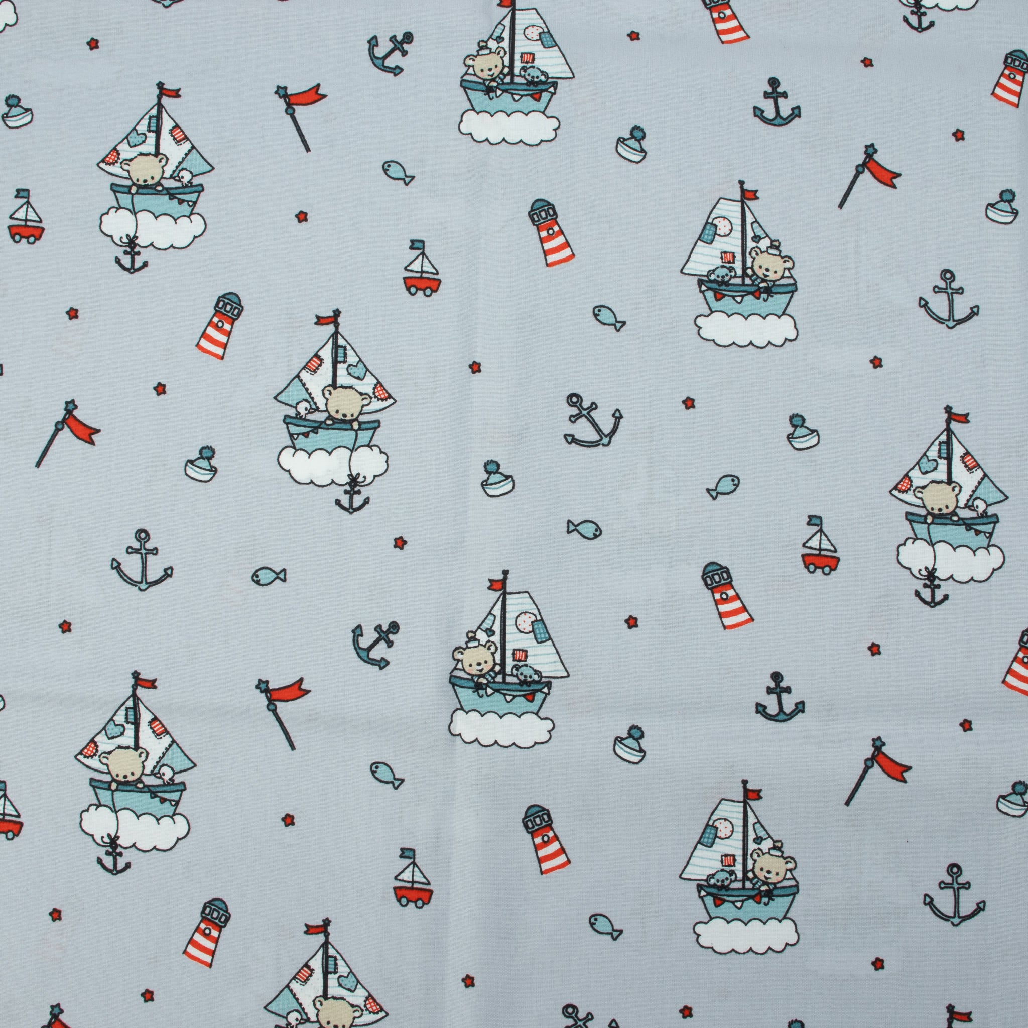 Baumwollstoff Segelboote & Bärchen Hellblau – maritimes Kindermotiv