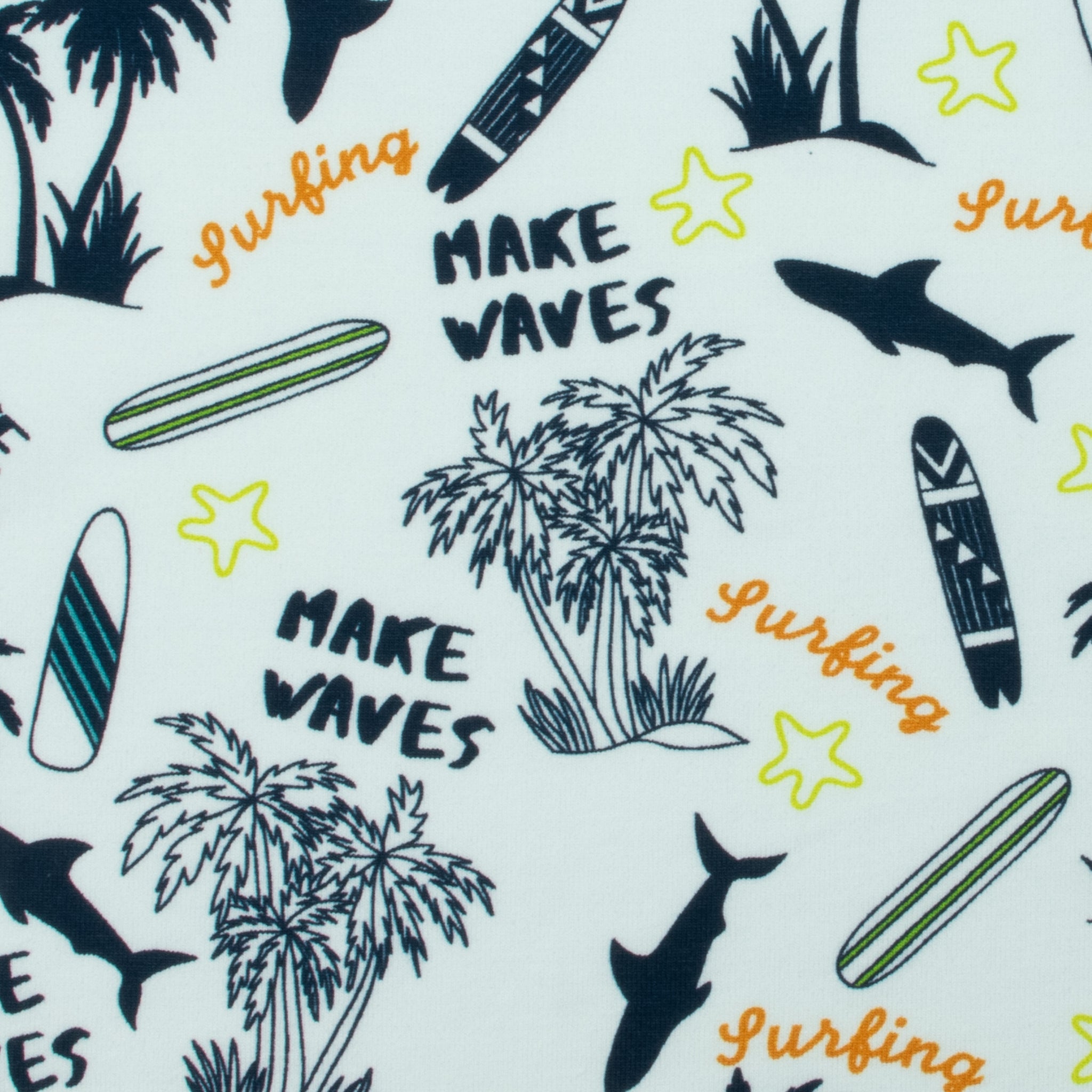 Jersey Make Waves – sportlicher Jerseystoff mit Surfbrett & Palmen