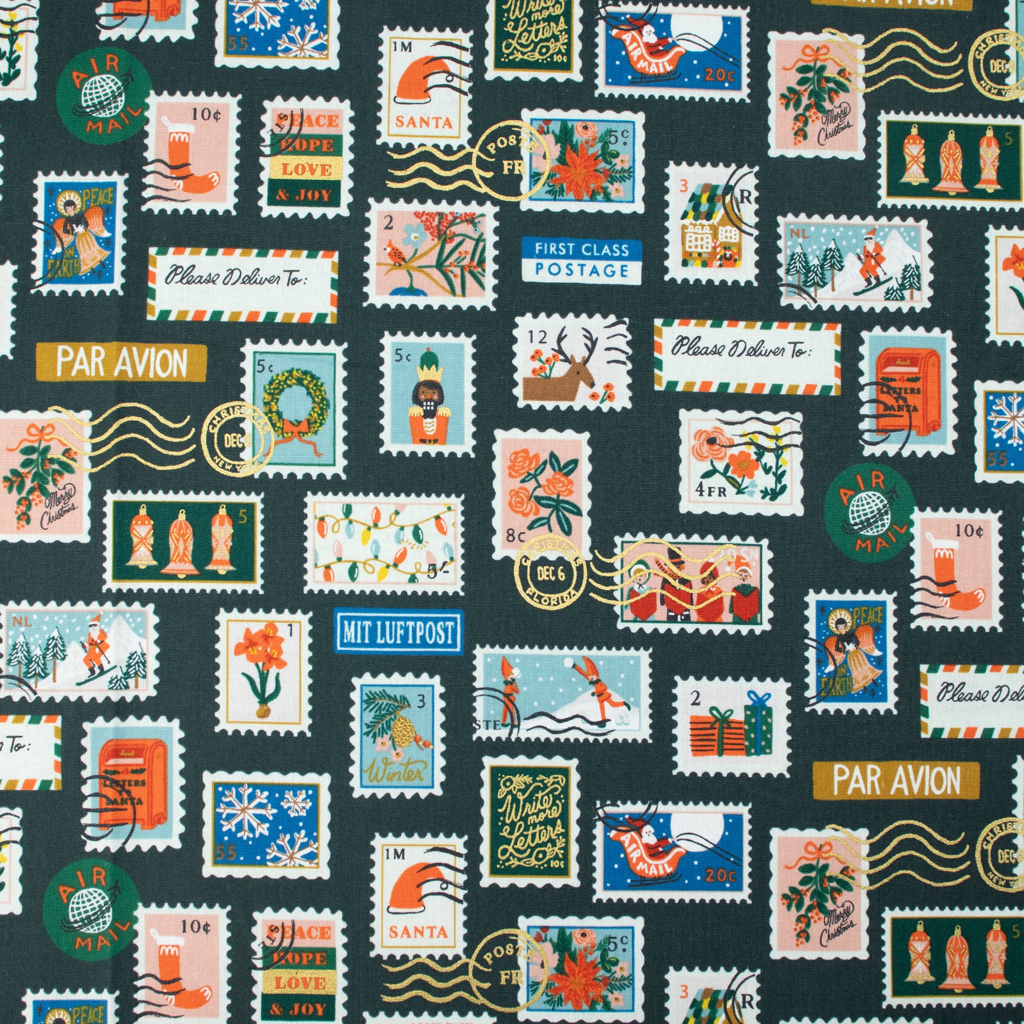 Cotton and Steel - Holiday Classics II - Holiday Stamps - Evergreen Canvas Metallic Fabric - Rifle Paper Co
