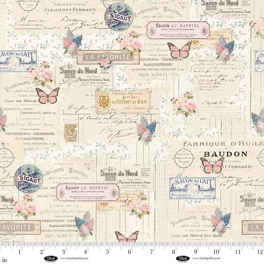 Blank Quilting - Parisian Snippets – Labels & Butterflies (Ecru)