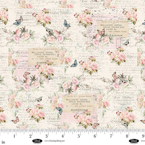 Blank Quilting - Parisian Snippets – Roses with Text (Ecru)