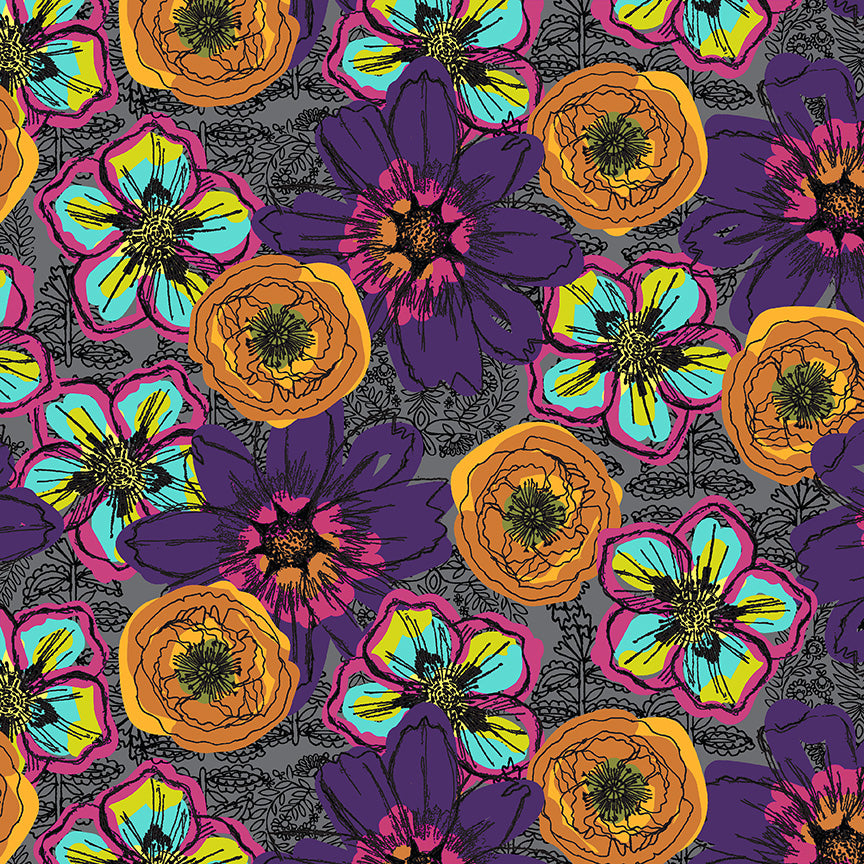Windham Fabrics – Flower Fields Charcoal aus der Serie Winding Road von Natalie Barnes