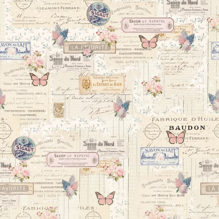 Blank Quilting - Parisian Snippets – Labels & Butterflies (Ecru)