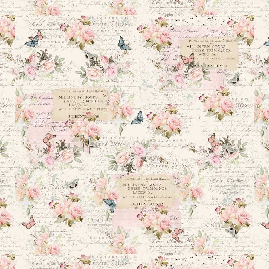 Blank Quilting - Parisian Snippets – Roses with Text (Ecru)