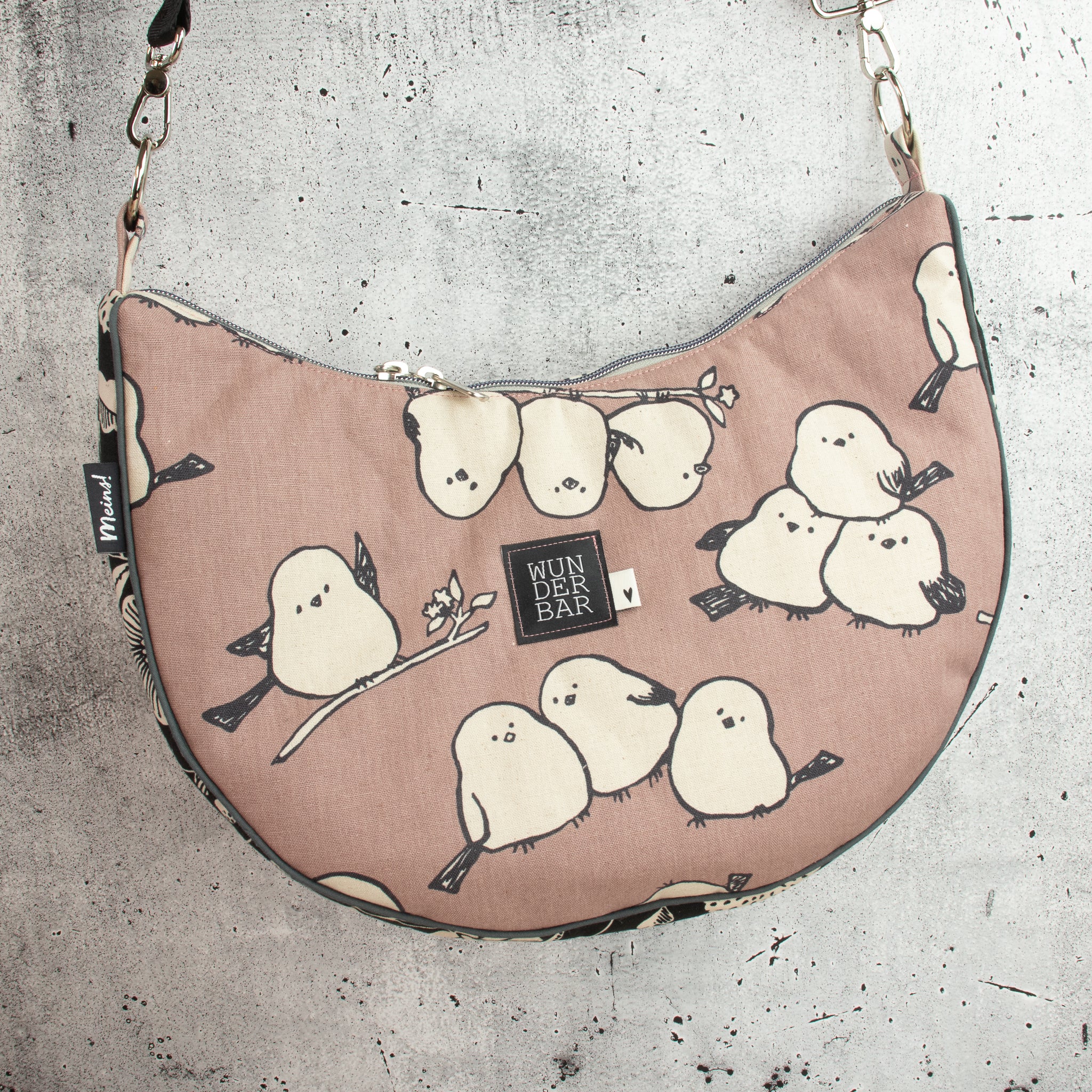 Bananentasche „WUNDERBAR“ – Halbmondtasche mit Kokka Simply Animal Birds