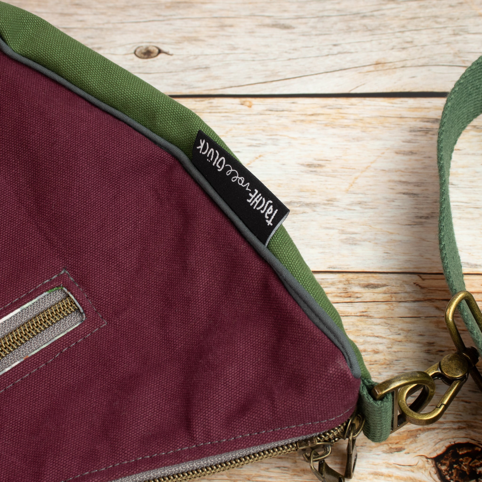 Bananentasche aus Heavy Canvas – Halbmondtasche in Mustard, Mulberry & Green Khaki