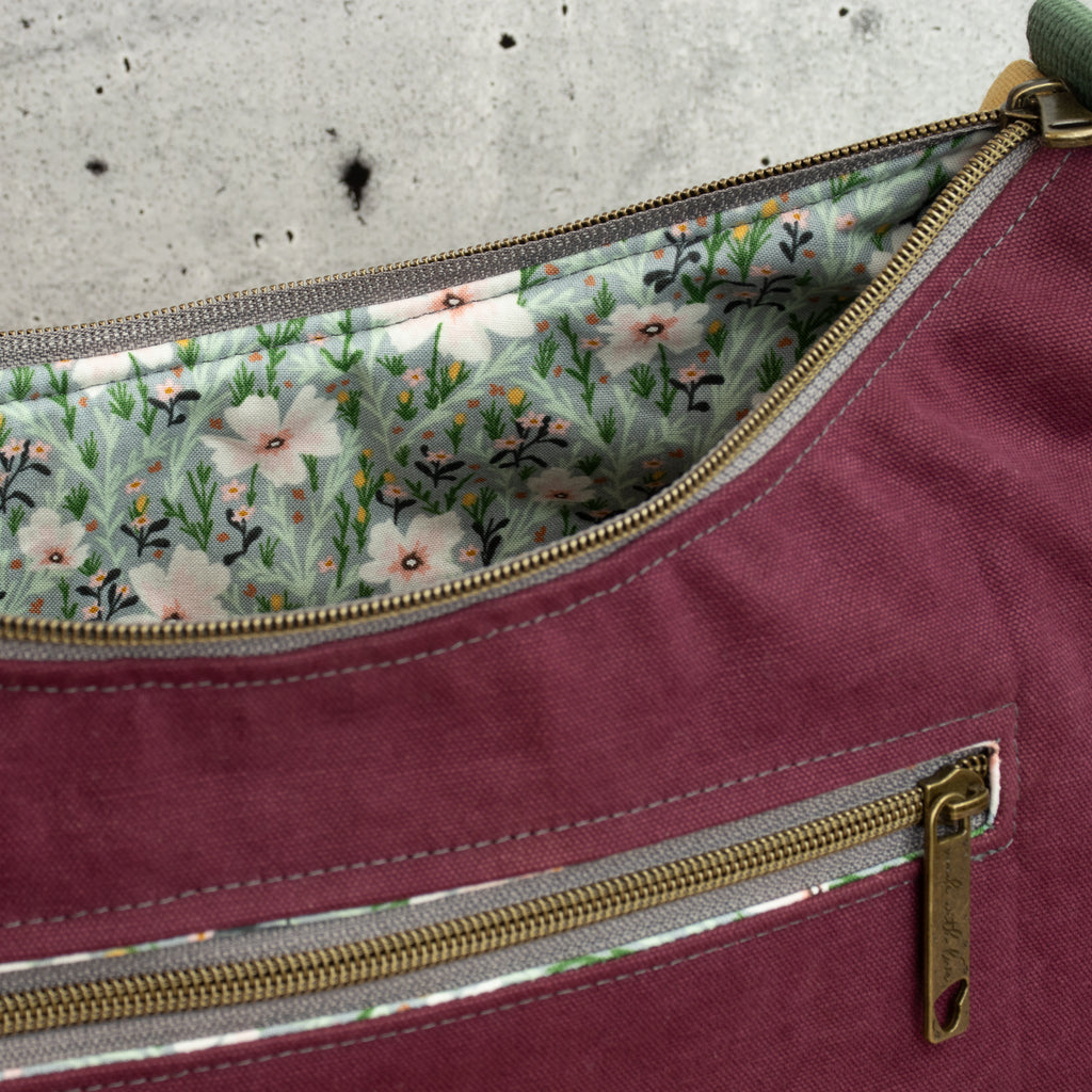 Bananentasche aus Heavy Canvas – Halbmondtasche in Mustard, Mulberry & Green Khaki