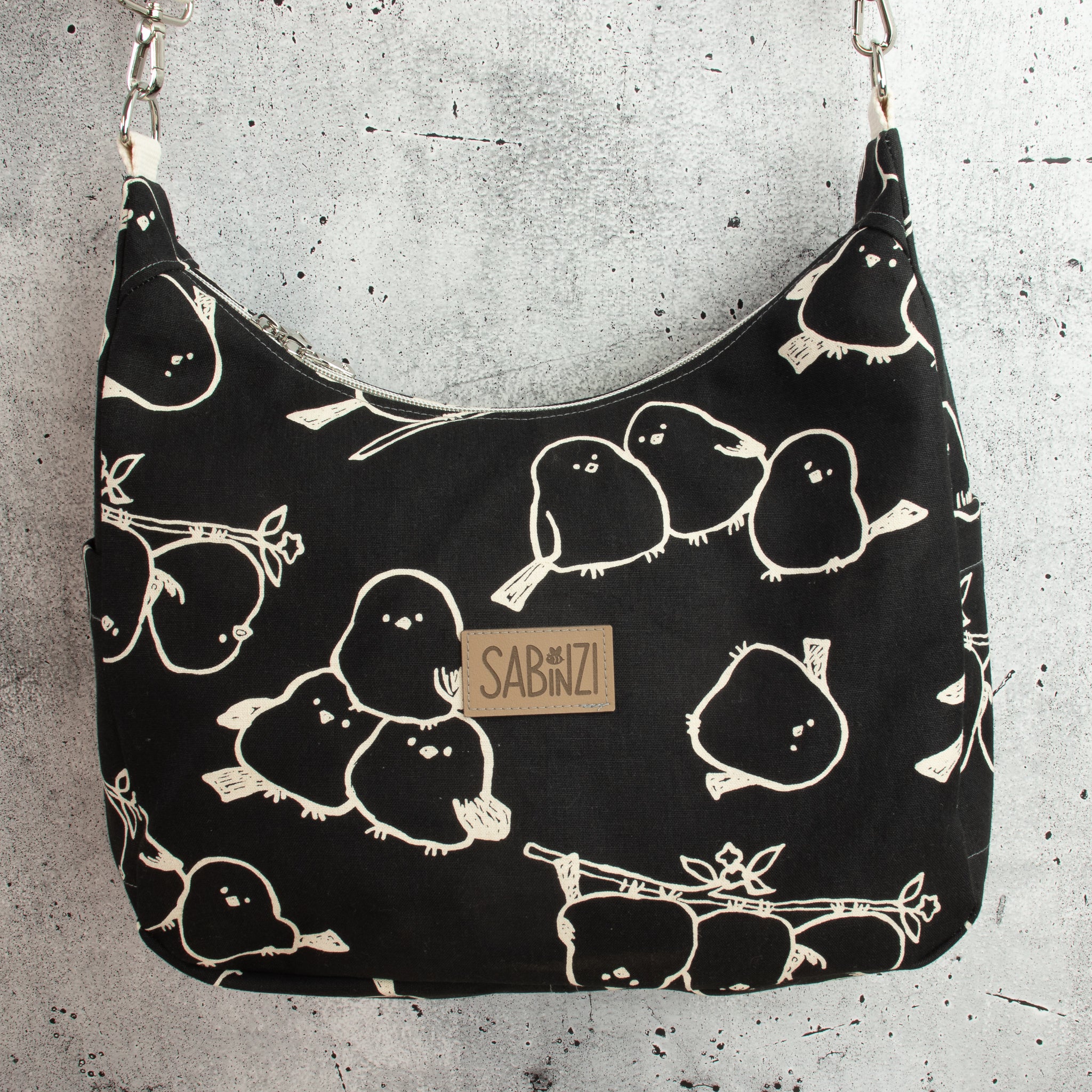Bohara Bag M aus Kokka Canvas „Simply Animal Birds“ Schwarz – handgenähte Schultertasche
