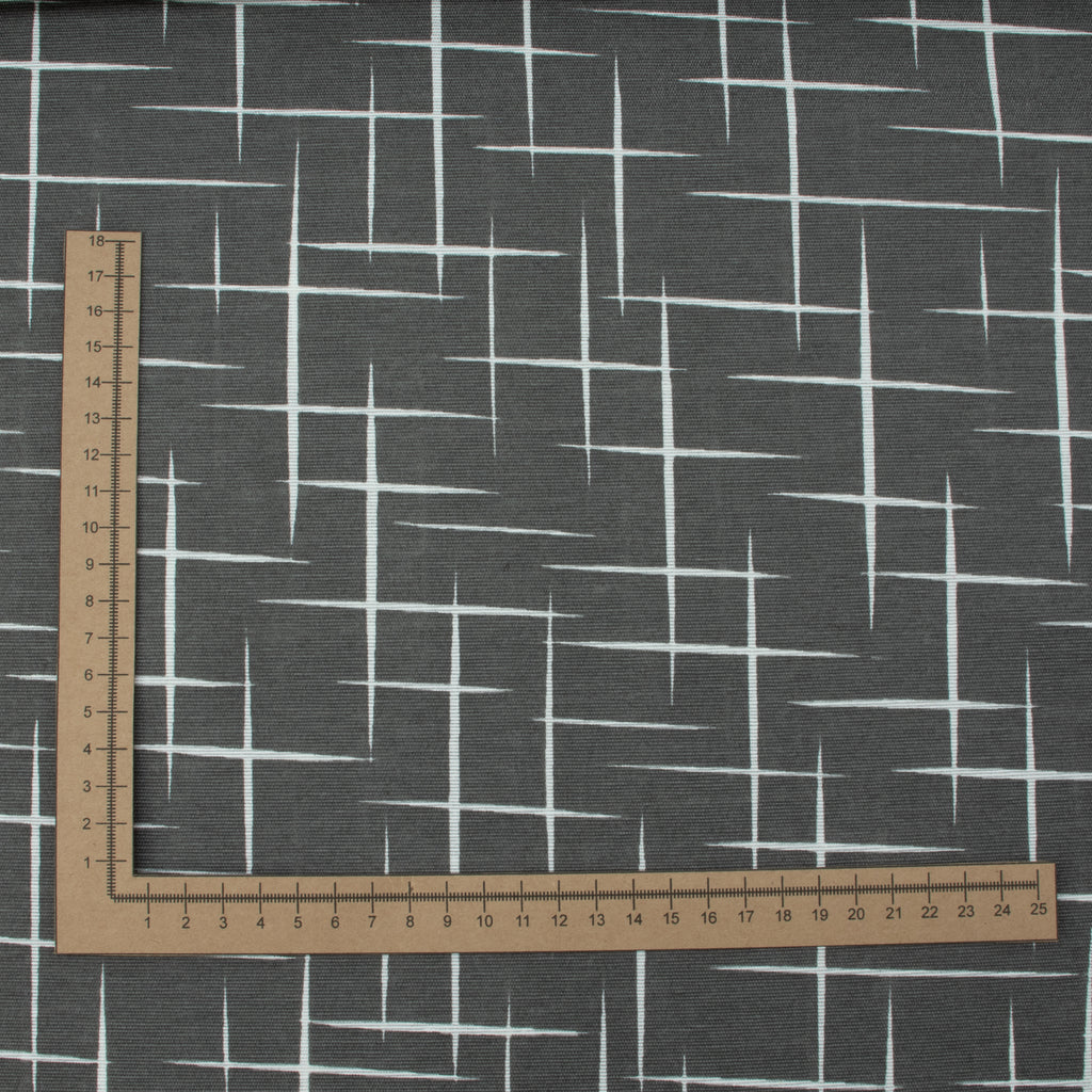 Dekostoff Dunkelgrau mit weißem Linienmuster – 100 % Polyester, ca. 140 cm breit