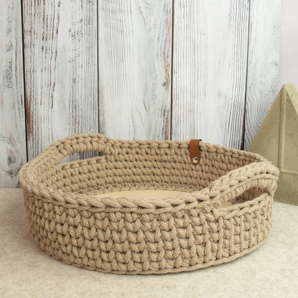 Großer Häkelkorb mit Holzboden & Griffen „Sand“ – Strickstil ca. 34 cm - Sabinzi - Aus Stoffliebe wird Lieblingsstück