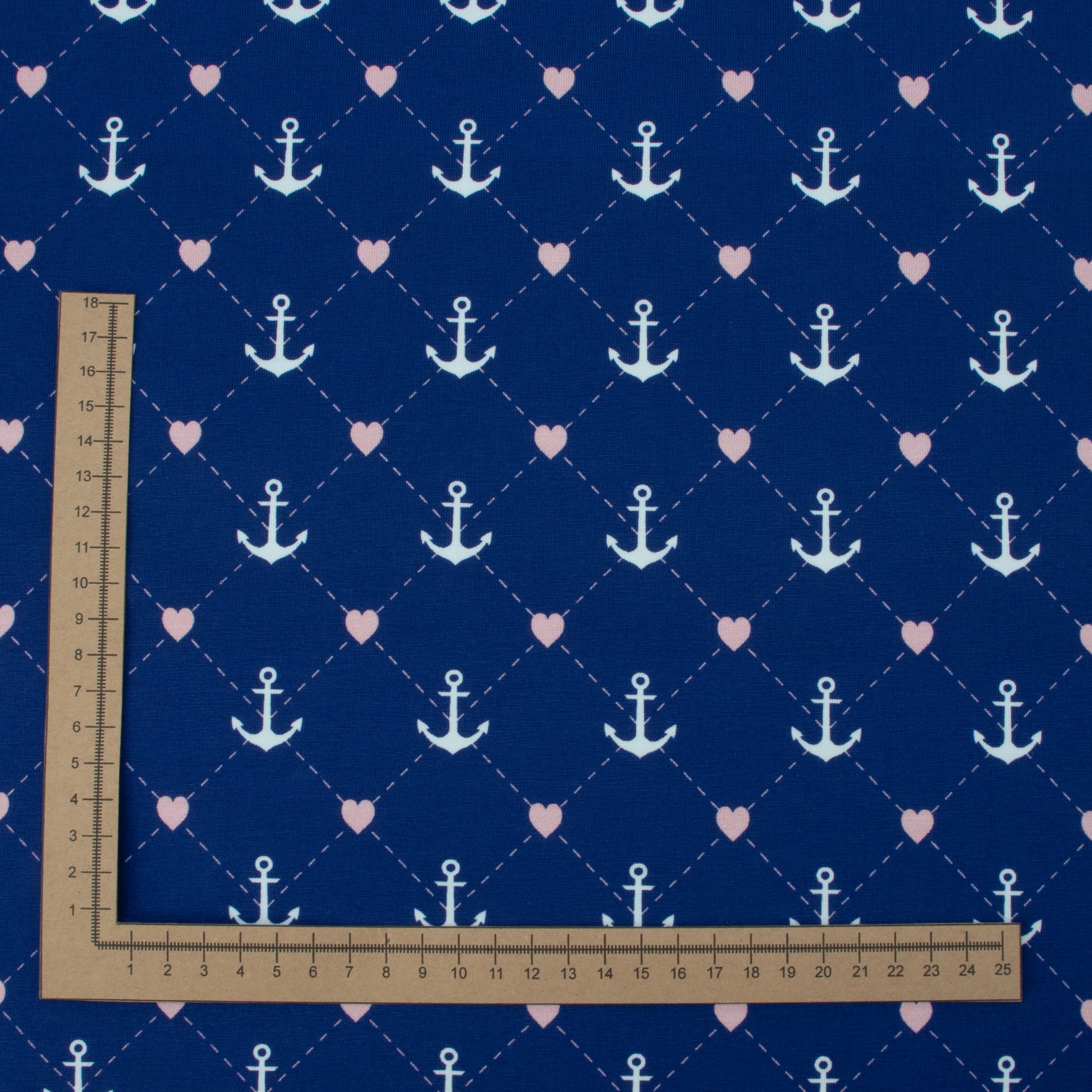 Jersey Anker Herzen – maritimer Jerseystoff in Dunkelblau mit Rosa