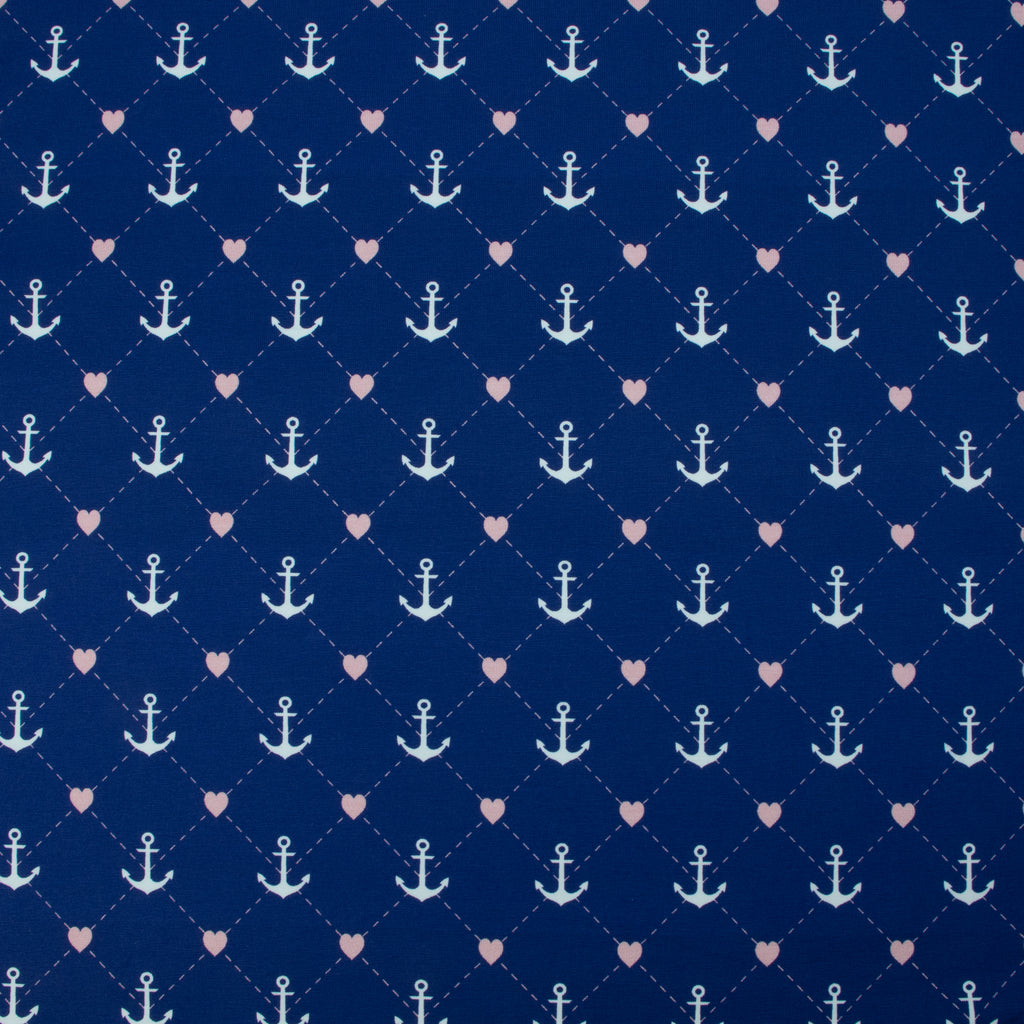 Jersey Anker Herzen – maritimer Jerseystoff in Dunkelblau mit Rosa