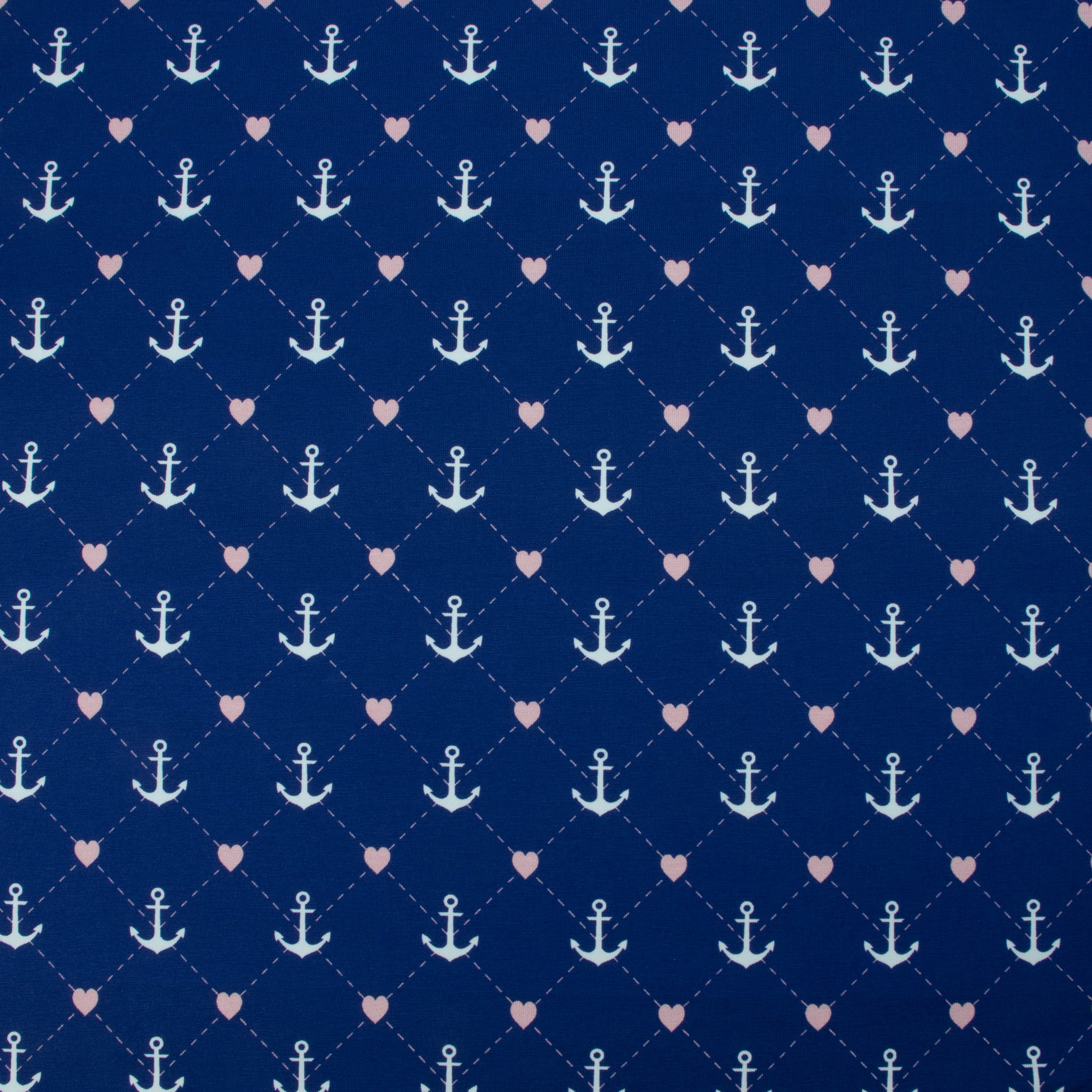 Jersey Anker Herzen – maritimer Jerseystoff in Dunkelblau mit Rosa