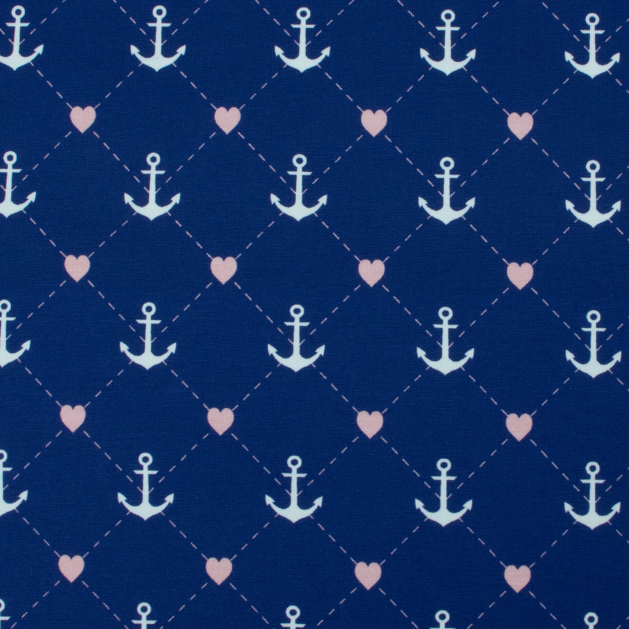 Jersey Anker Herzen – maritimer Jerseystoff in Dunkelblau mit Rosa