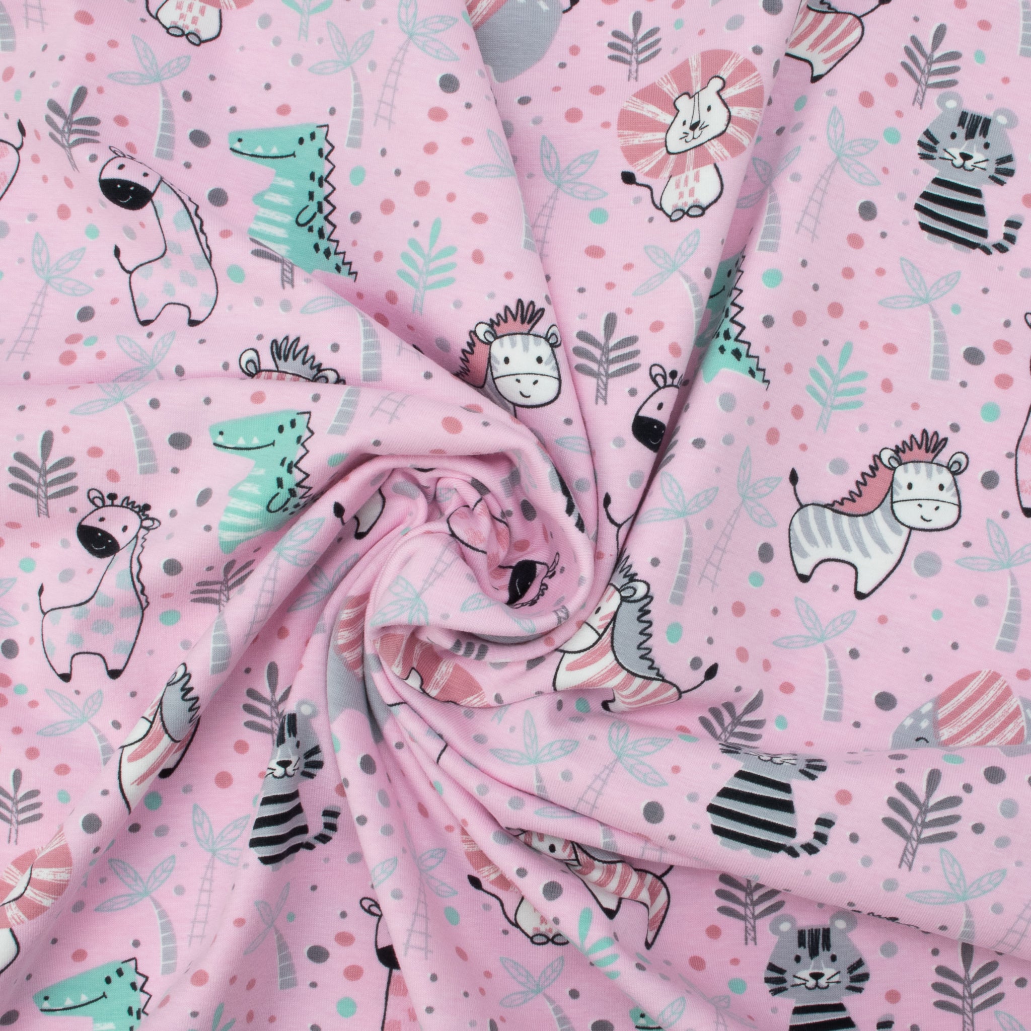 Jersey Safari Rosa – Jerseystoff mit süßen Tieren auf Rosa
