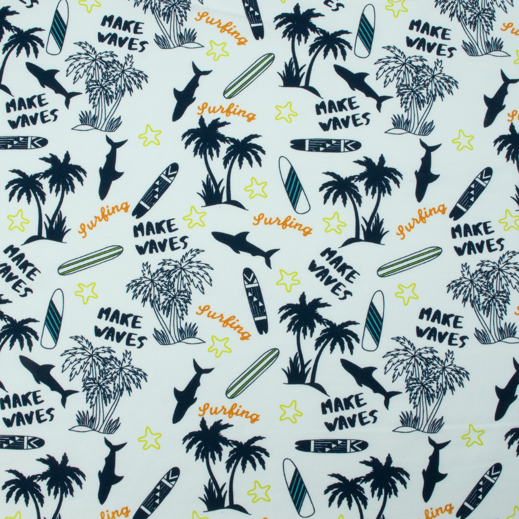 Jersey Make Waves – sportlicher Jerseystoff mit Surfbrett & Palmen