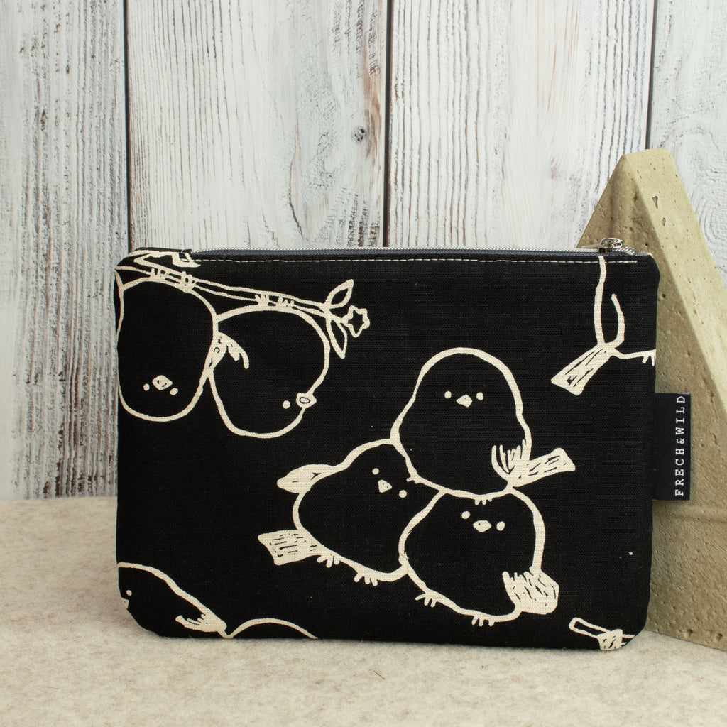 Reißverschlusstasche Mimi mit Paspel – Canvas Schwarz / Birds
