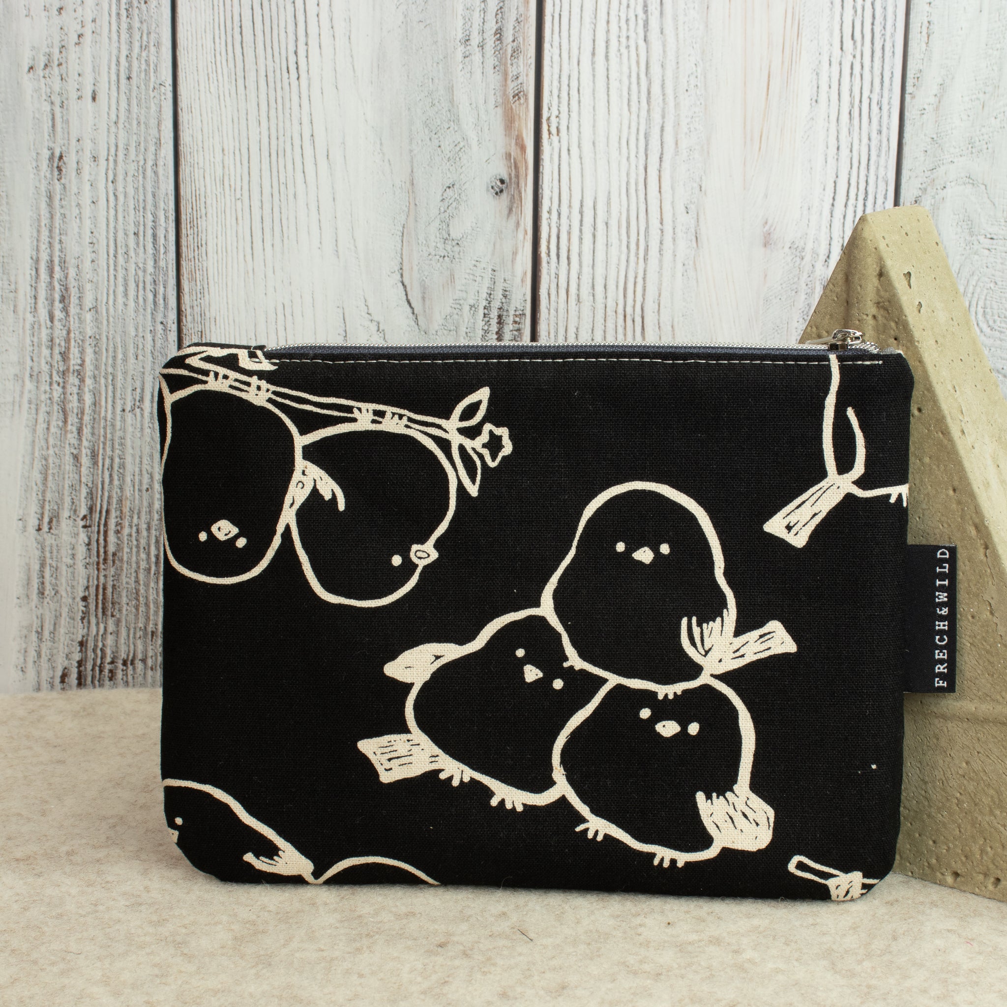 Reißverschlusstasche Mimi mit Paspel – Canvas Schwarz / Birds