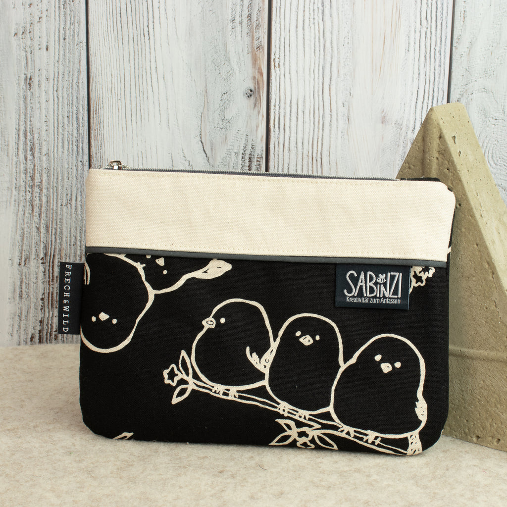 Reißverschlusstasche Mimi mit Paspel – Canvas Schwarz / Birds