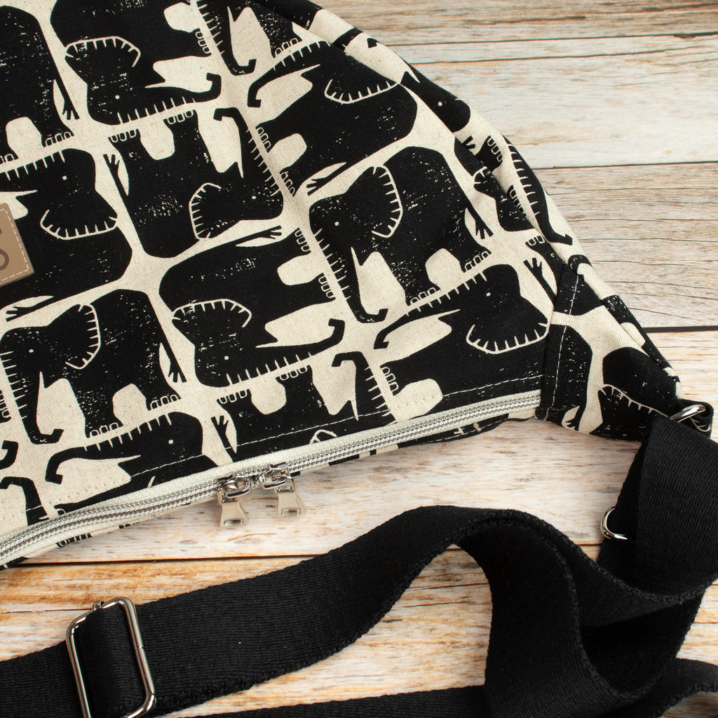 Meluna XL Schultertasche aus Rising Sun Canvas – Handgemachte Tasche mit Elefantenmotiv