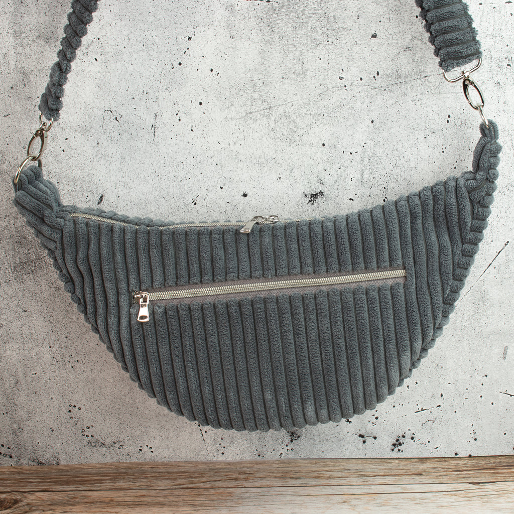 Moonbag Luna aus Cordstoff Zoom Graphite – Halbmondtasche mit Reißverschlussfach