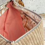Moonbag Luna aus Cordstoff Zoom Toffee – Halbmondtasche mit gemustertem Gurtband