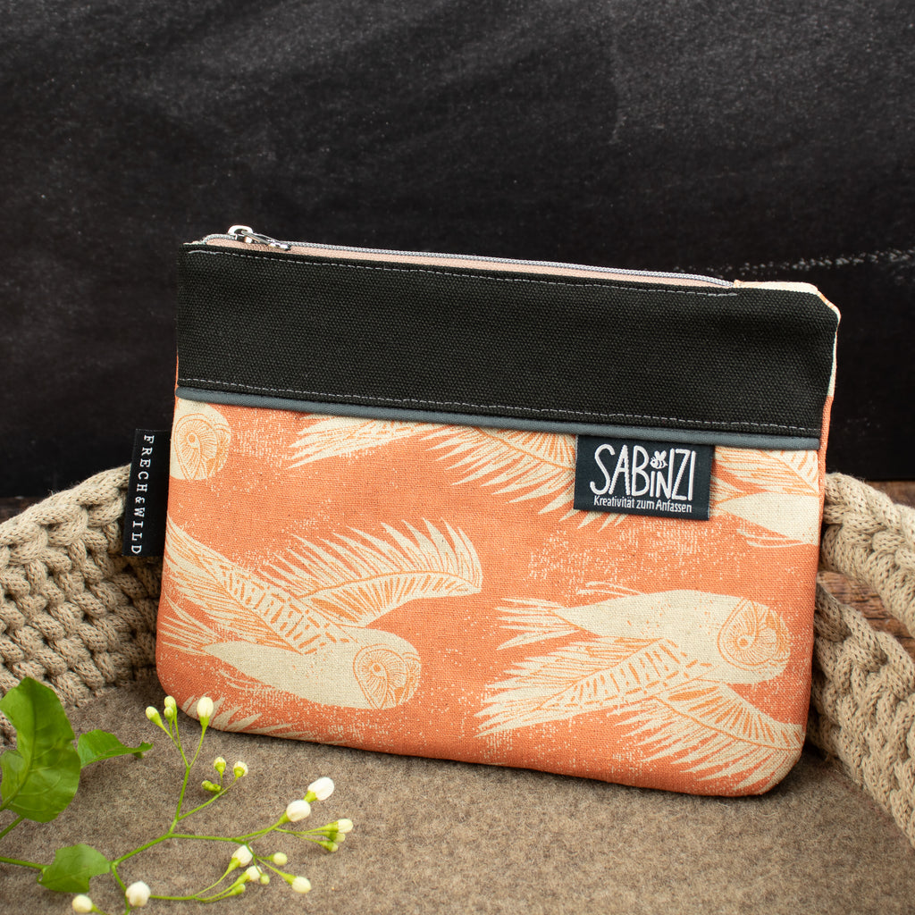 Reißverschlusstasche Mimi aus Canvas – Terracotta / Eulen