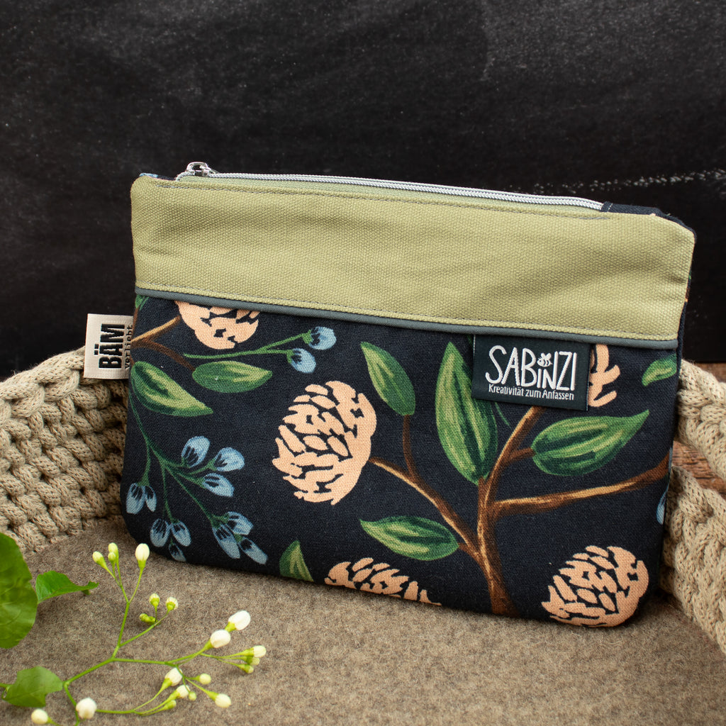 Kleine Reißverschlusstasche aus Canvas mit Blütenzweigen – Dunkelblau