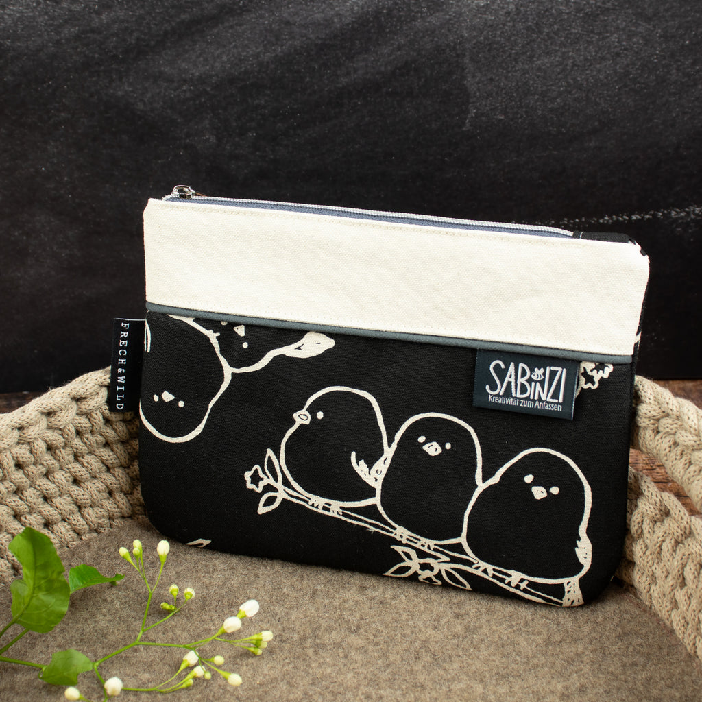 Reißverschlusstasche Mimi mit Paspel – Canvas Schwarz / Birds (Kopie)