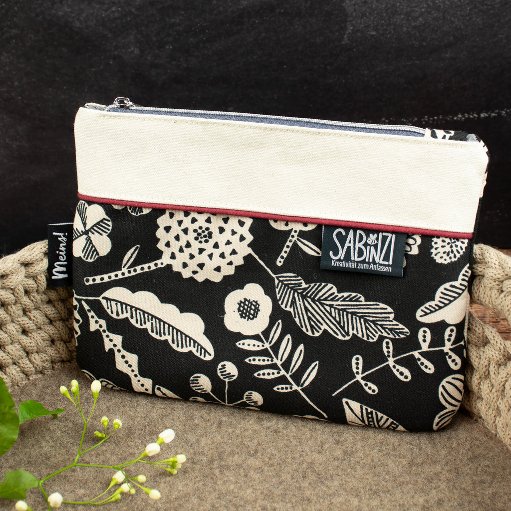 Flache kleine Reißverschlusstasche aus Canvas – schwarz/natur