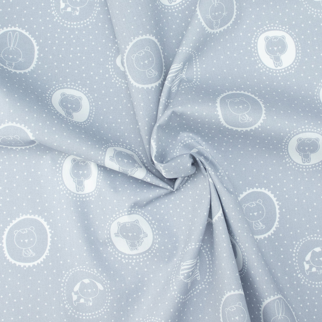 Baumwollstoff Tiergesichter Grau – dezentes Kindermotiv