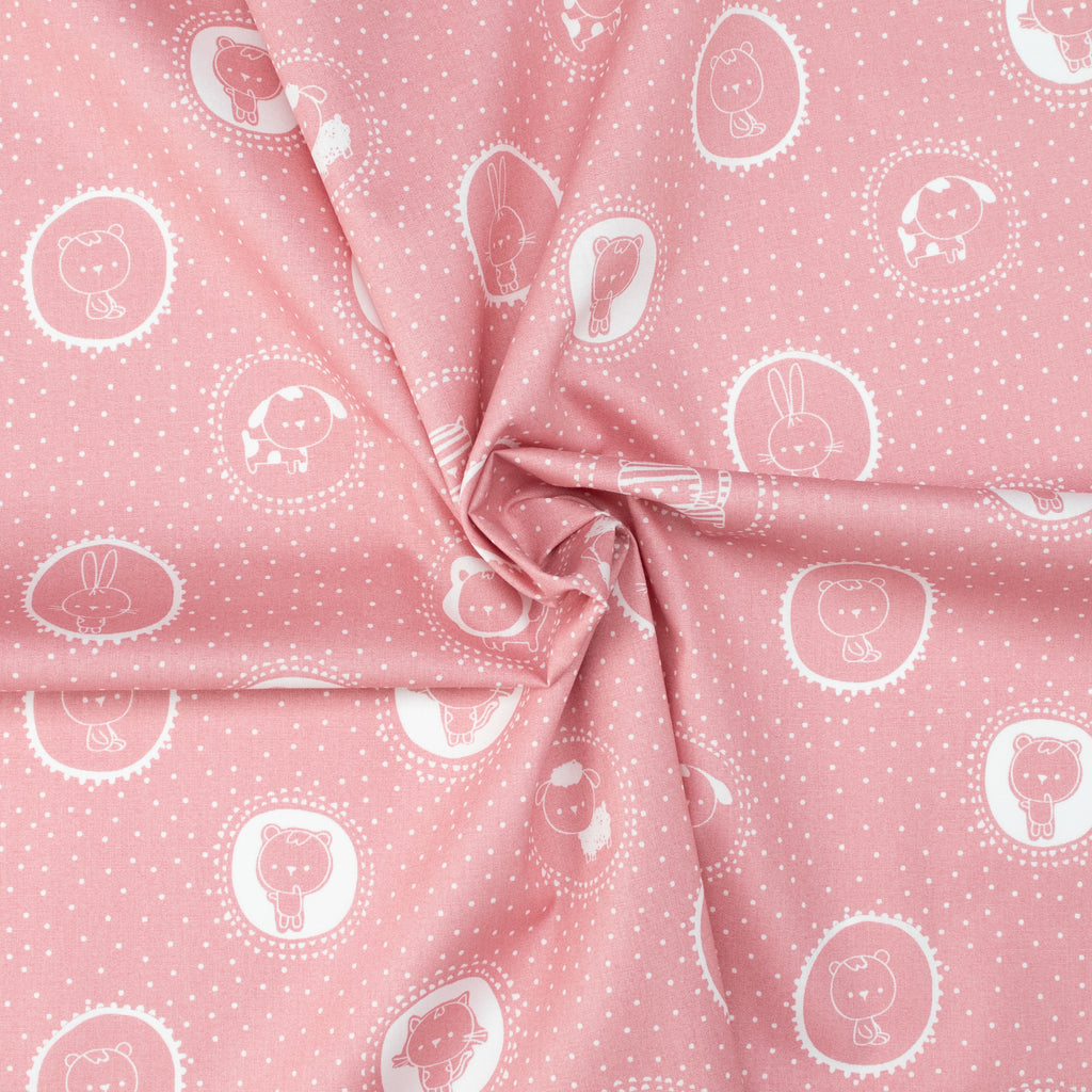 Baumwollstoff Tiergesichter Rosa – zartes Kindermotiv