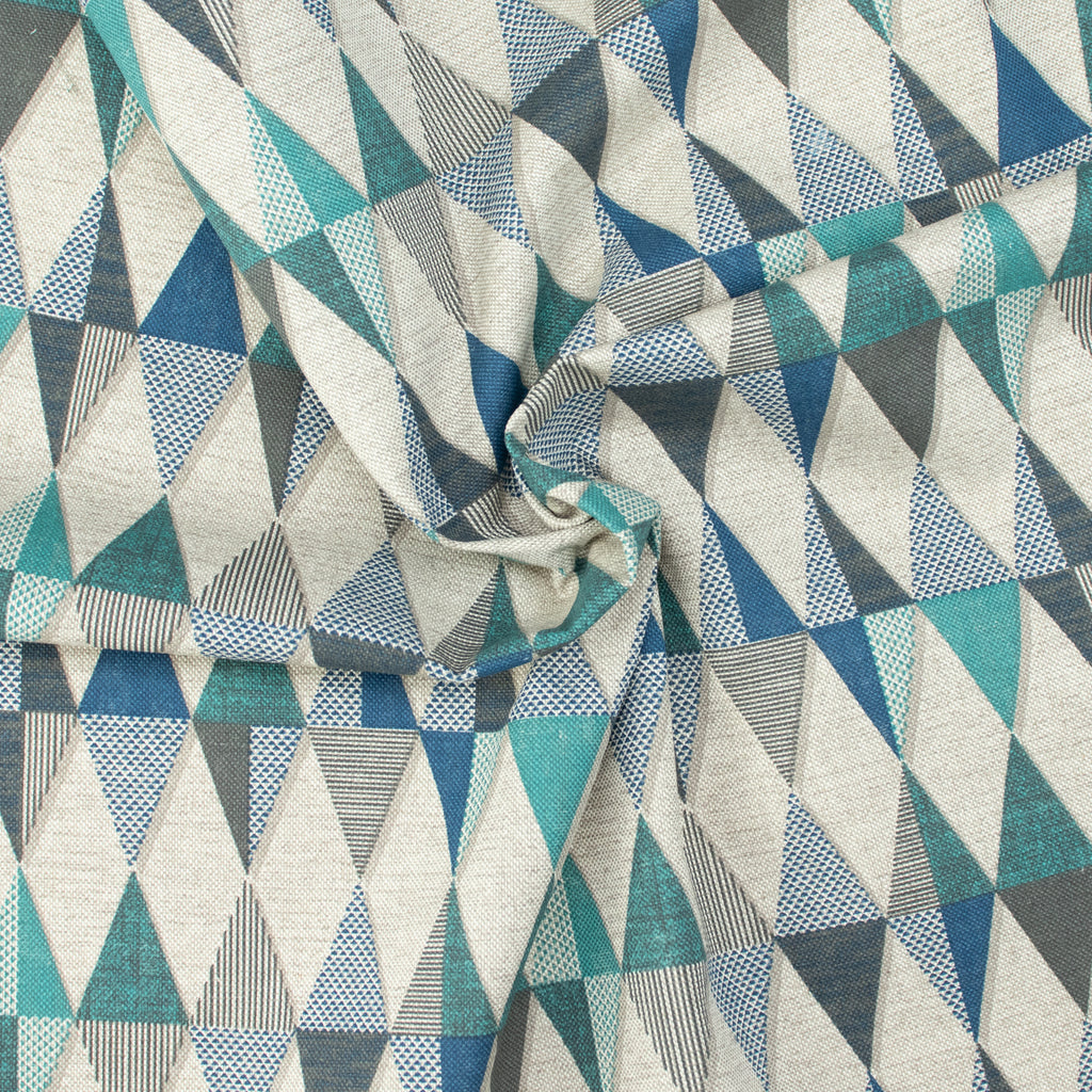 Dekostoff Dreiecke in Blau & Türkis – Geometrisches Muster, 70 % Polyester / 30 % Baumwolle, ca. 140 cm breit