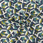 Dekostoff Retro-Grafik in Petrol, Senfgelb & Navy – 70 % Polyester / 30 % Baumwolle, ca. 140 cm breit