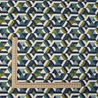 Dekostoff Retro-Grafik in Petrol, Senfgelb & Navy – 70 % Polyester / 30 % Baumwolle, ca. 140 cm breit