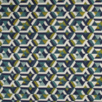 Dekostoff Retro-Grafik in Petrol, Senfgelb & Navy – 70 % Polyester / 30 % Baumwolle, ca. 140 cm breit