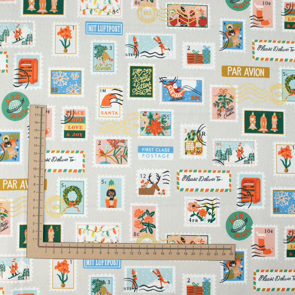 Cotton and Steel - Holiday Classics II - Holiday Stamps	Cream Canvas Metallic Fabric - Rifle Paper Co