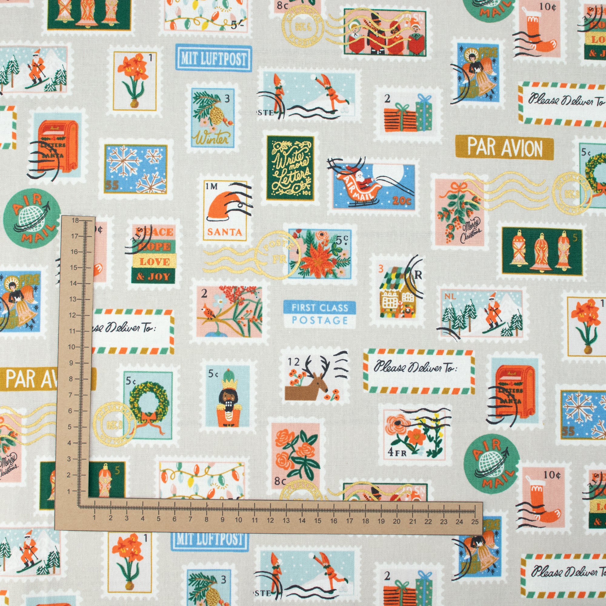 Cotton and Steel - Holiday Classics II - Holiday Stamps	Cream Canvas Metallic Fabric - Rifle Paper Co