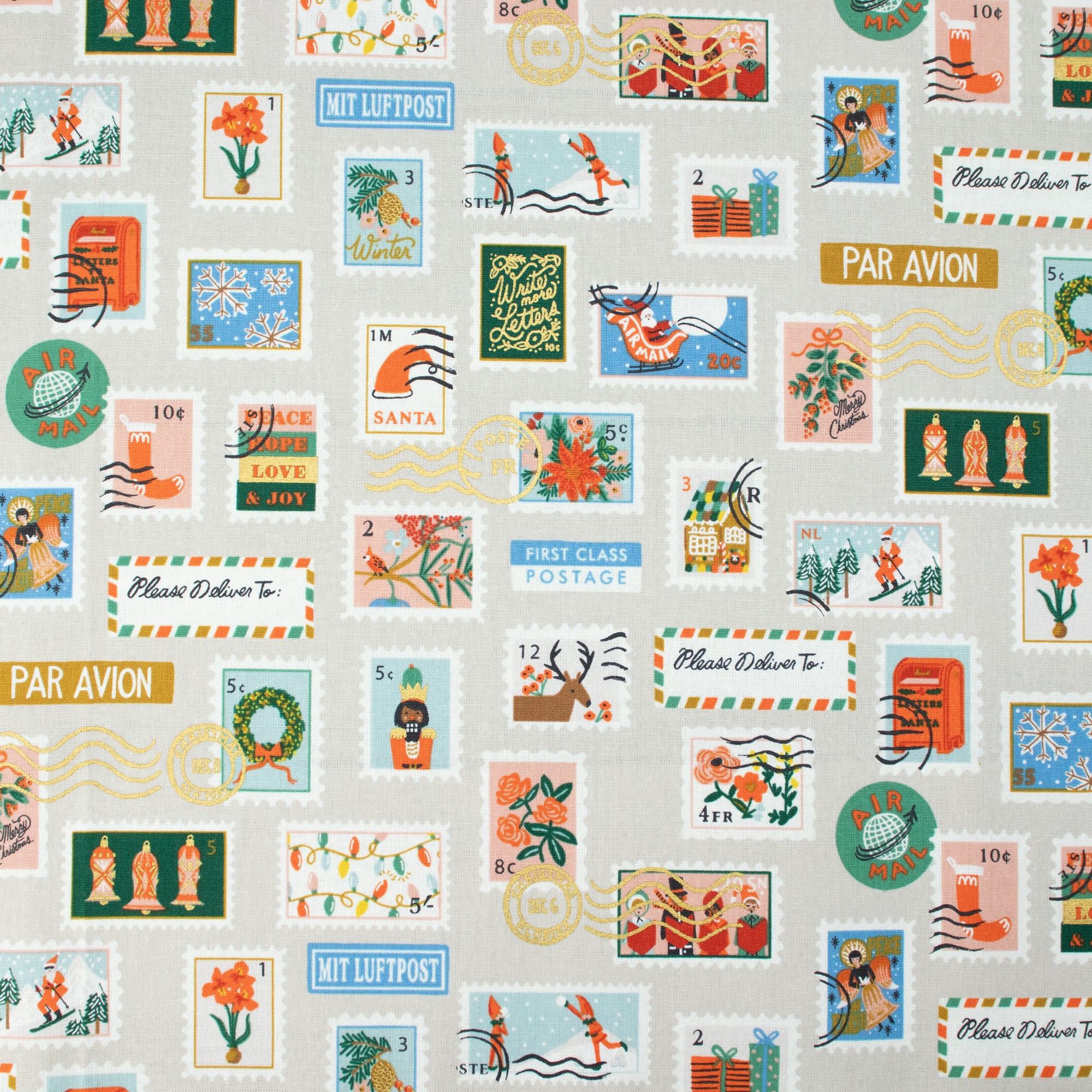 Cotton and Steel - Holiday Classics II - Holiday Stamps	Cream Canvas Metallic Fabric - Rifle Paper Co