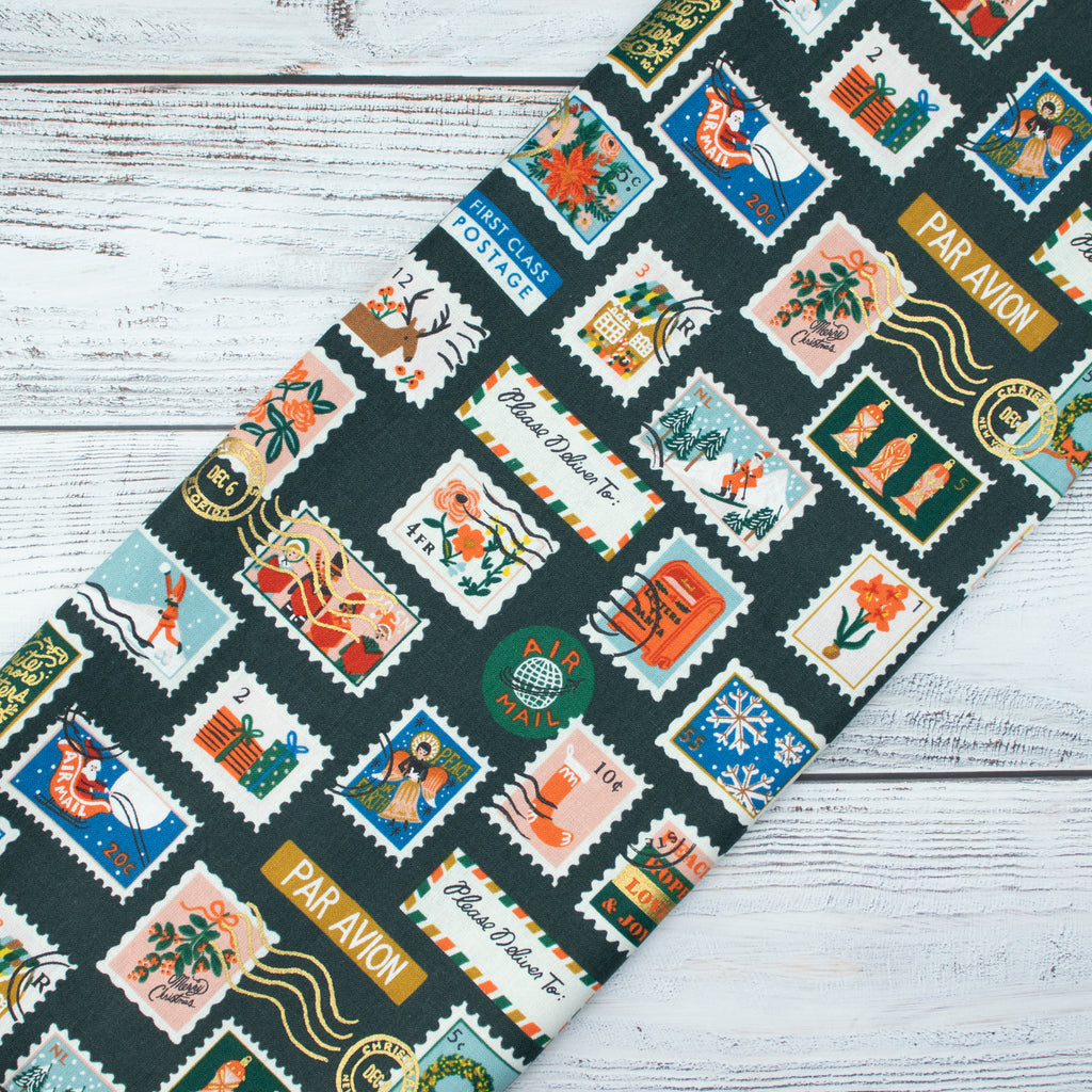 Cotton and Steel - Holiday Classics II - Holiday Stamps - Evergreen Canvas Metallic Fabric - Rifle Paper Co