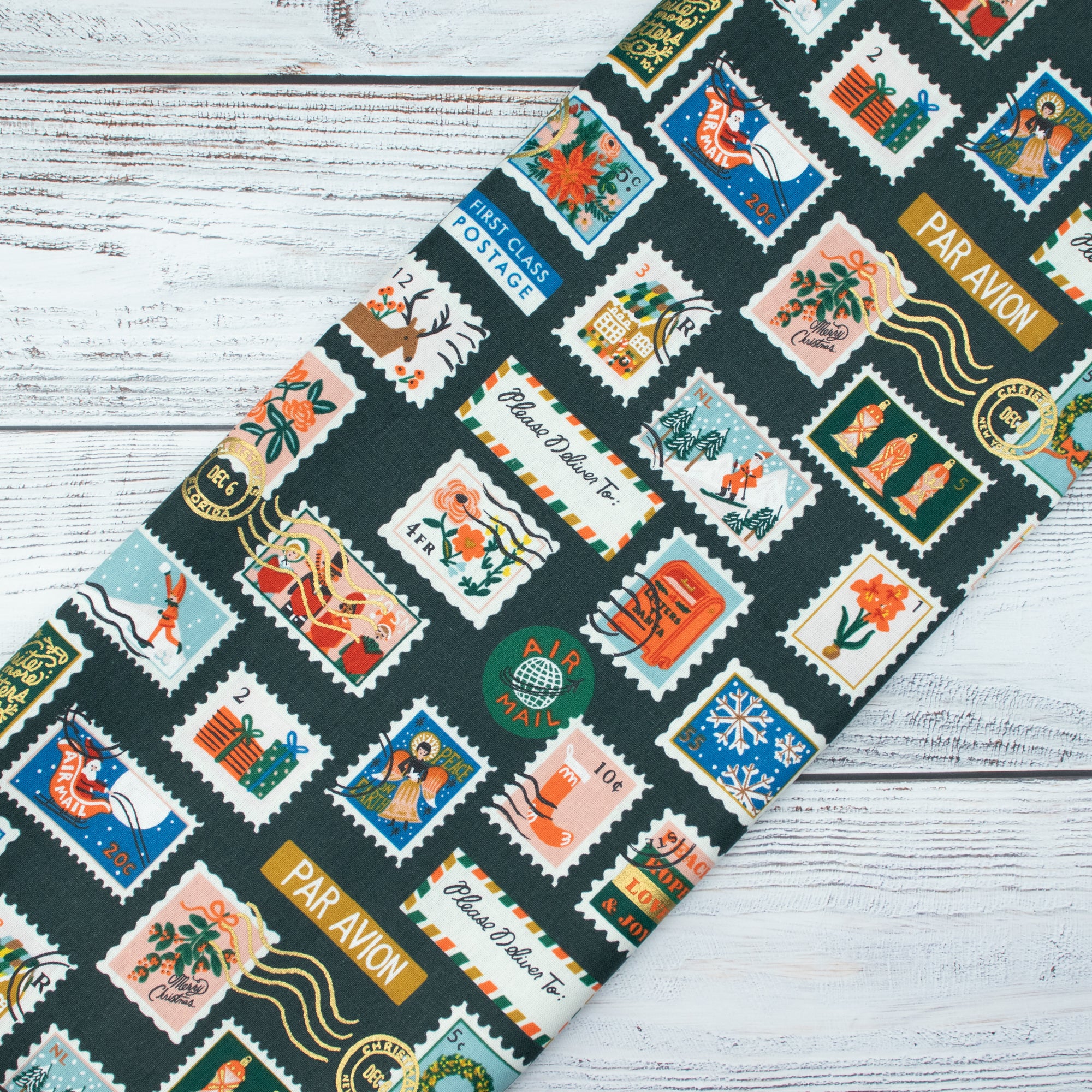 Cotton and Steel - Holiday Classics II - Holiday Stamps - Evergreen Canvas Metallic Fabric - Rifle Paper Co