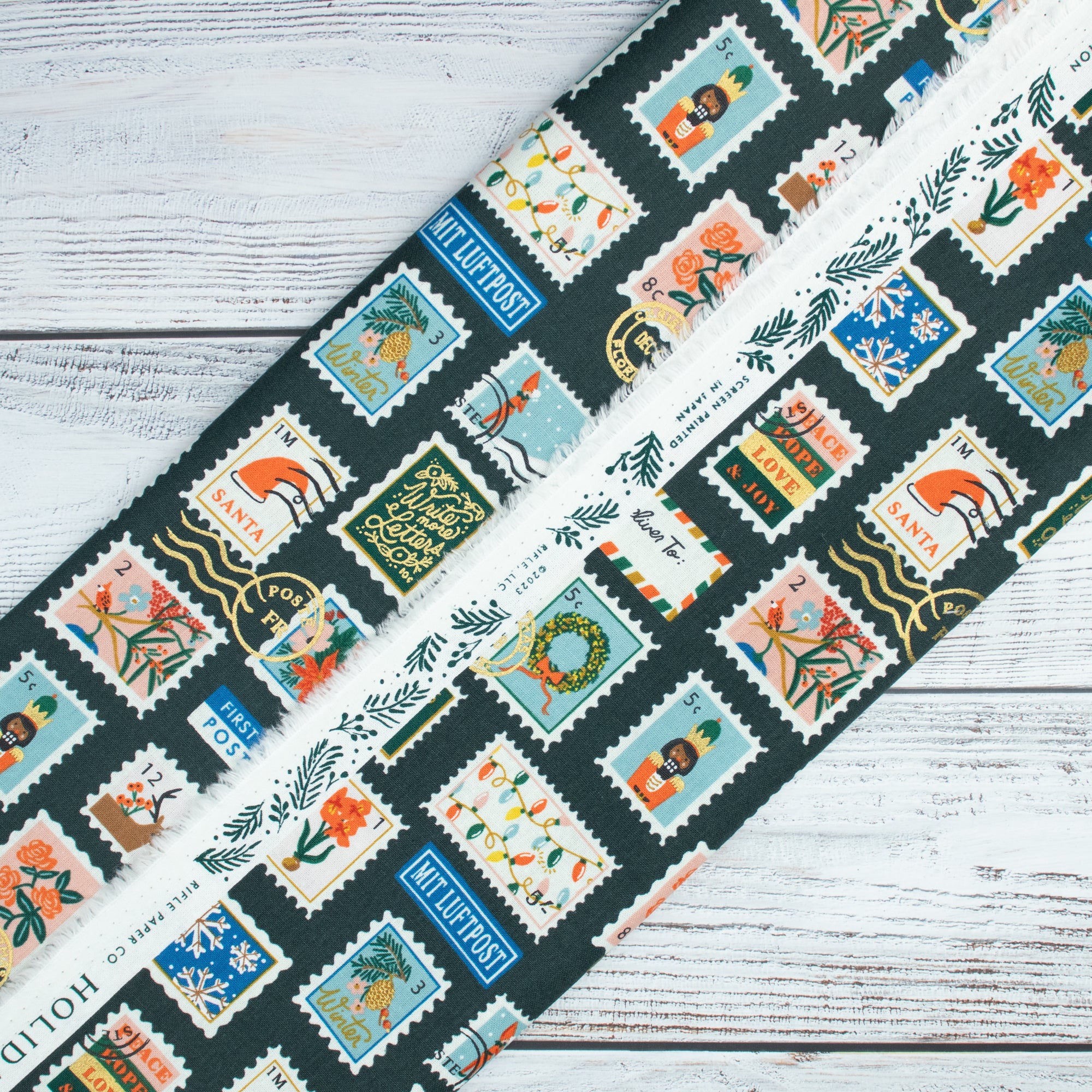 Cotton and Steel - Holiday Classics II - Holiday Stamps - Evergreen Canvas Metallic Fabric - Rifle Paper Co