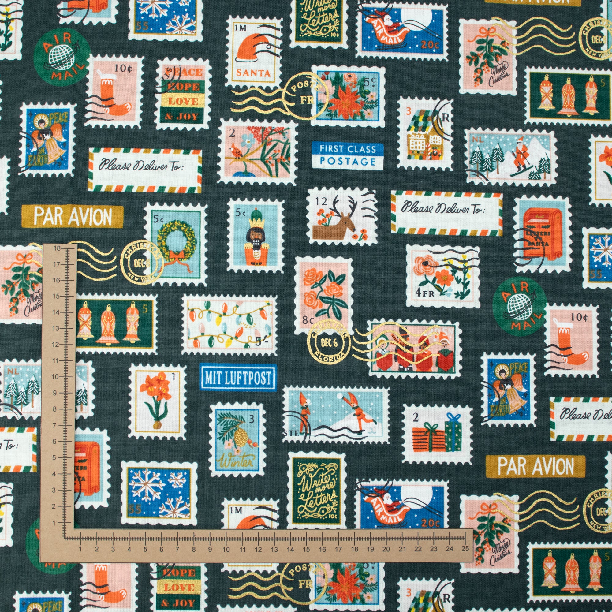 Cotton and Steel - Holiday Classics II - Holiday Stamps - Evergreen Canvas Metallic Fabric - Rifle Paper Co
