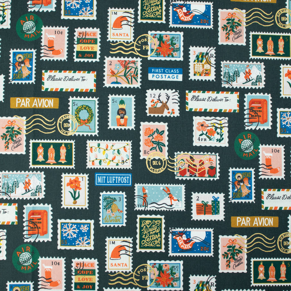 Cotton and Steel - Holiday Classics II - Holiday Stamps - Evergreen Canvas Metallic Fabric - Rifle Paper Co