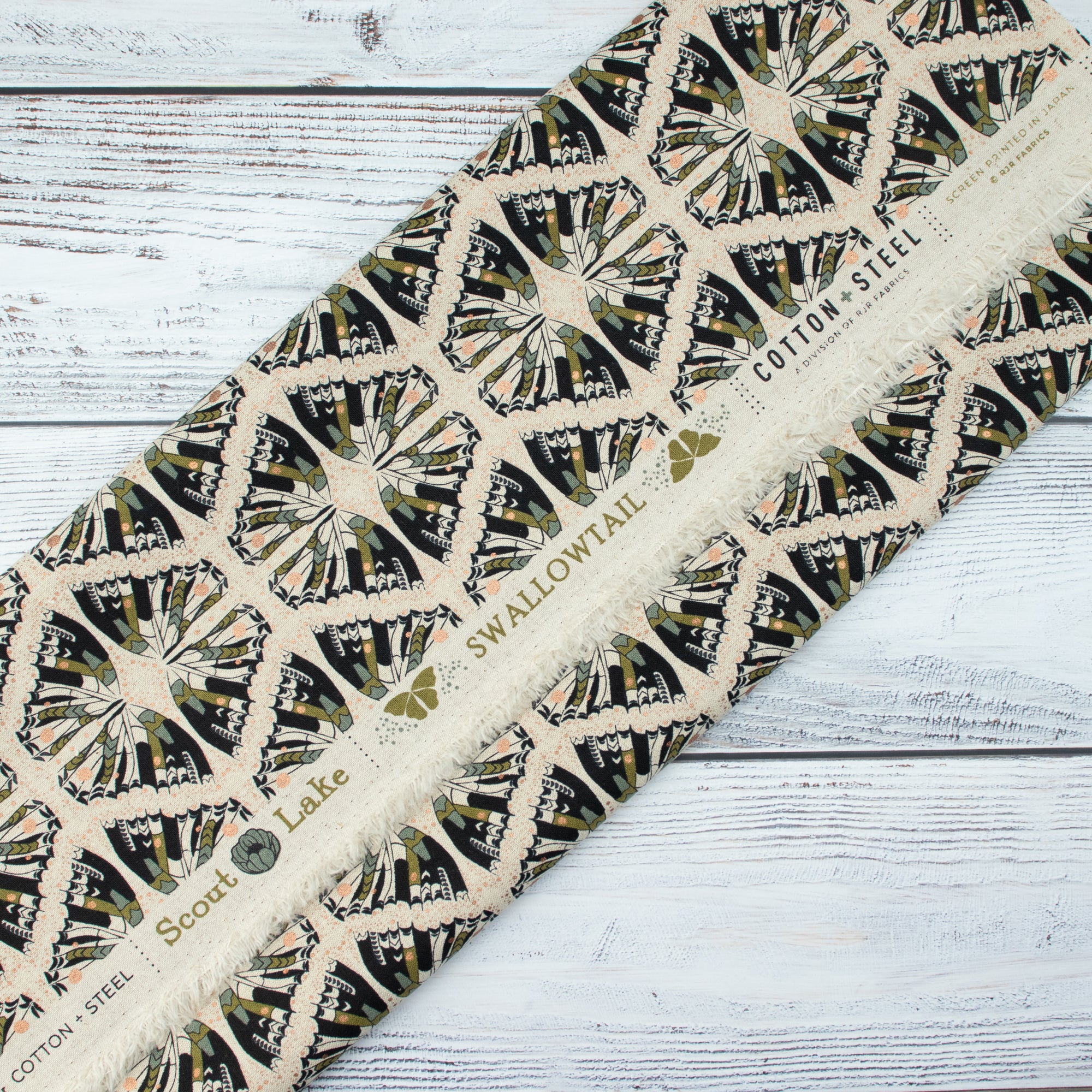 Cotton and Steel - Scout Lake - Swallowtail - Olive Unbleached Canvas Metallic Fabric - Ash Cascade