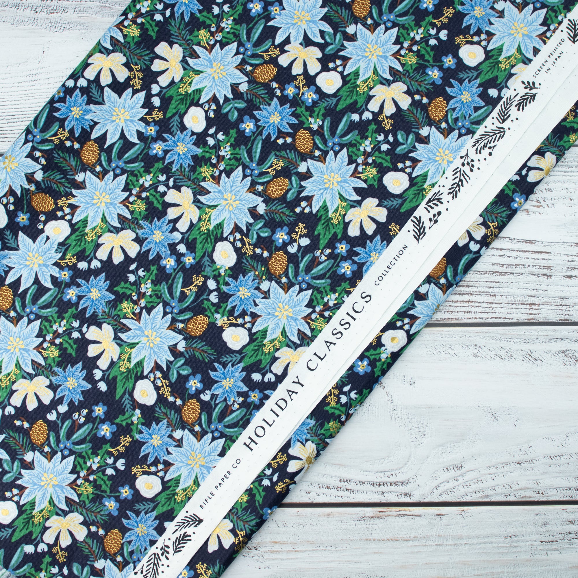 Cotton and Steel - Holiday Classics II - Poinsettia Bouquet - Navy Metallic Fabric - Rifle Paper Co.