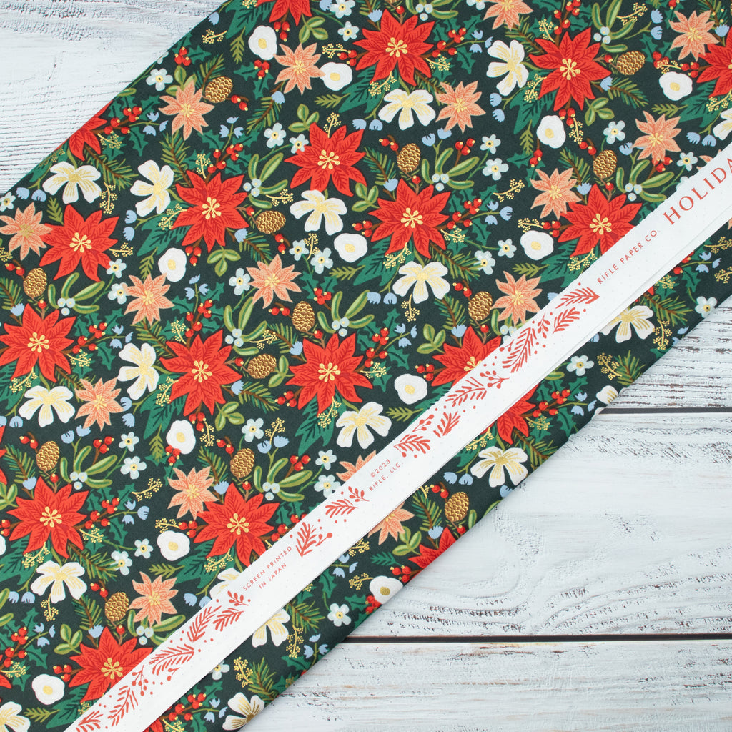 Cotton and Steel - Holiday Classics II - Poinsettia Bouquet - Evergreen Metallic Fabric - Rifle Paper Co.