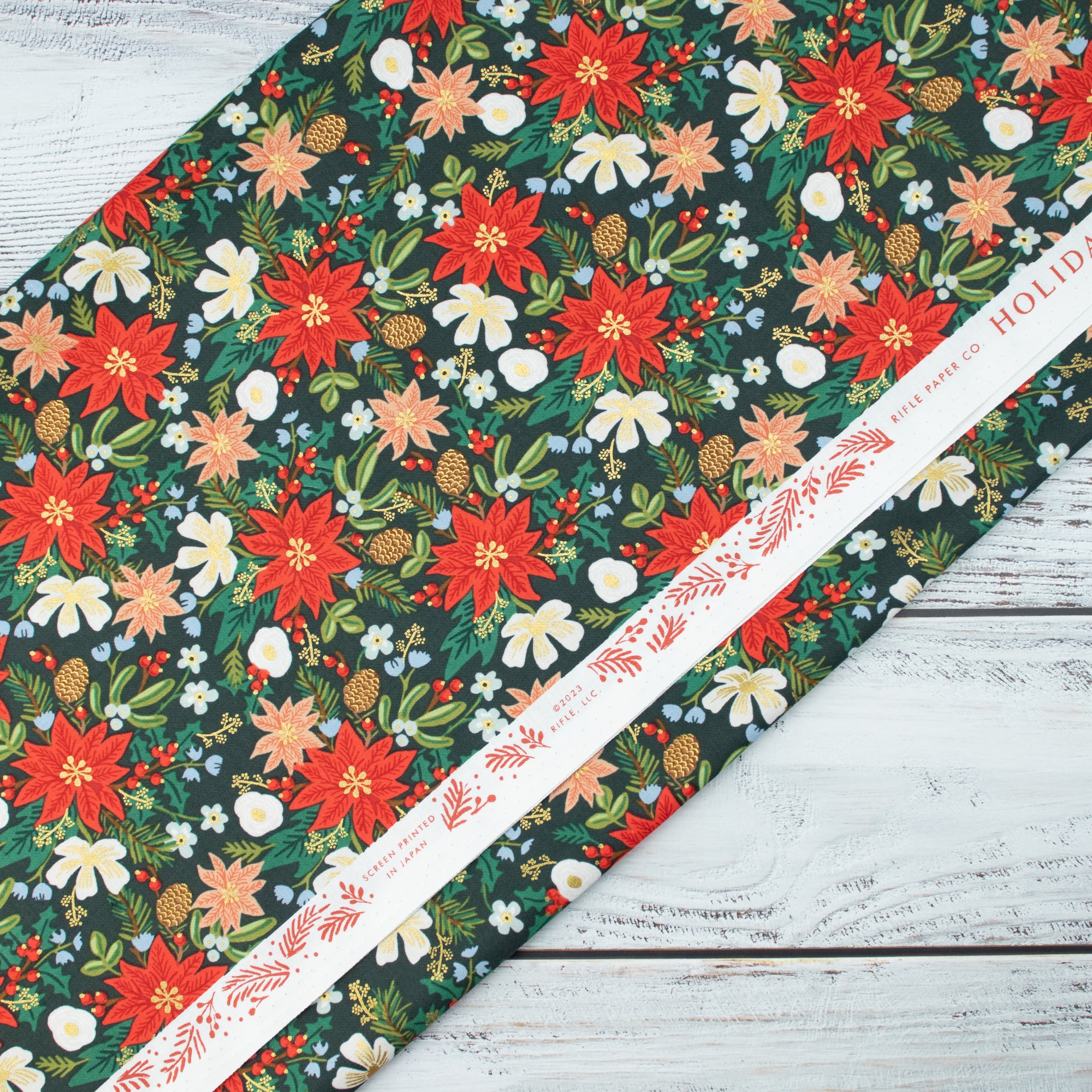 Cotton and Steel - Holiday Classics II - Poinsettia Bouquet - Evergreen Metallic Fabric - Rifle Paper Co.