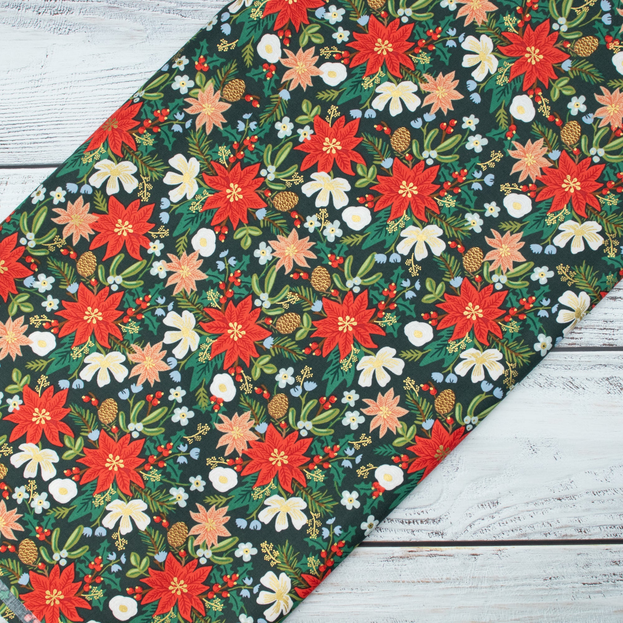 Cotton and Steel - Holiday Classics II - Poinsettia Bouquet - Evergreen Metallic Fabric - Rifle Paper Co.