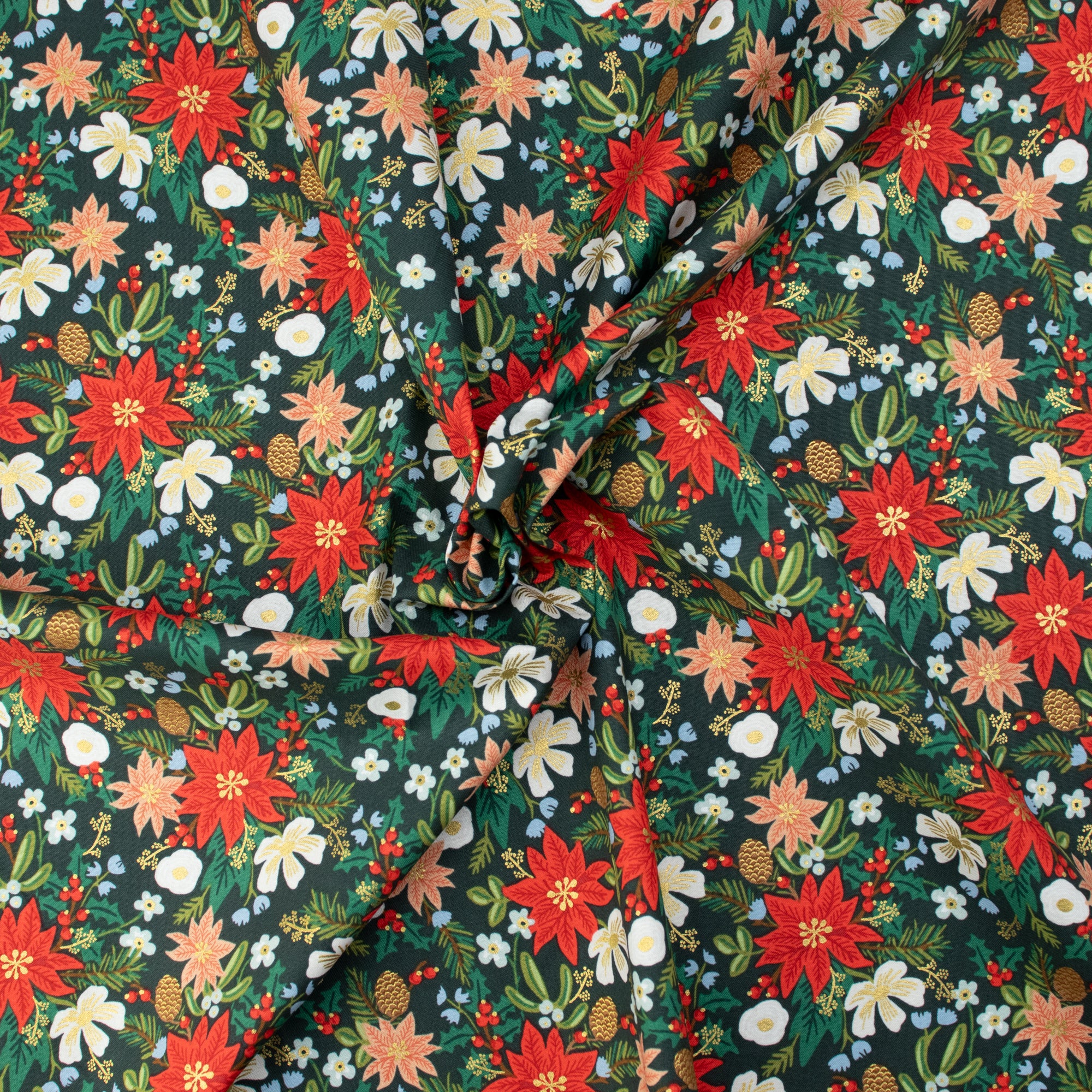 Cotton and Steel - Holiday Classics II - Poinsettia Bouquet - Evergreen Metallic Fabric - Rifle Paper Co.